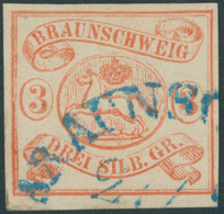 BRAUNSCHWEIG 3 O, 1852, 3 Sgr. Orangerot, Blauer Halbkreisstempel, Gepr. Bühler, Mi. 350.- - Brunswick