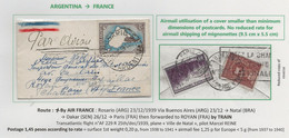 AIR FRANCE 1939 Argentina Rosario France Air Mail Cover Mignonette To Paris Forwarded Royan AF 229 R REINE - Storia Postale