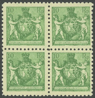 LIECHTENSTEIN 50A VB **, 1921, 10 Rp. Dunkelgelblichgrün, Gezähnt L 91/2, Im Viererblock, Postfrisch, Pracht, Mi. (340.- - Other & Unclassified