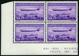 LIECHTENSTEIN 150 VB **, 1936, 2 Fr. Graf Zeppelin Im Unteren Linken Eckrandviererblock, Pracht, Mi. (380.-) - Other & Unclassified