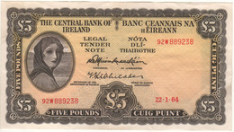 IRELAND 5 Pounds   P65a   Dated 22.1.1964 ( Lady Hazel Lavery + River Lagan Water Spirit At Back ) - Irlanda