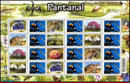 Ref. BR-3140-3 BRAZIL 2010 - PANTANAL,ALLIGATOR,BIRDS,TOUCAN,FLOWERS,PERS.MNH, ANIMALS, FAUNA 12V Sc# 3140 - Gepersonaliseerde Postzegels
