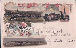 Gruss Aus Münsingen BE, Herzlichen Glückwunsch Zum Neuen Jahre, Litho 4 Vues (31.12.1905) - Münsingen