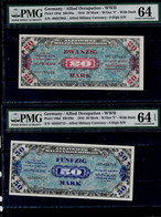 GERMANY 1944 BANKNOTES GERMANY/ ALLIED OCCUPATION- WWII  20, 50, 100 MARK PICK 195A, 196A, 197B PMG 64 UNC!! - 2. WK