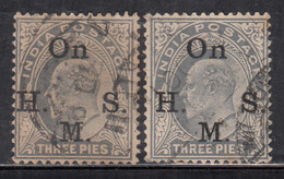 1902 - 1909, 3p Colour Variety, Edward Service / Official, British India Used. Three Pies, SG054 & 055 - 1902-11  Edward VII