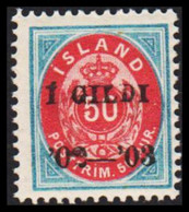 1902. I GILDI. 50 Aur Blue/red. Perf. 12 3/4. Black Overprint. Never Hinged. Beautiful Stamp.... (Michel 33B) - JF529680 - Ungebraucht