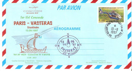 CONCORDE AEROGRAMME 5 F 1er VOL PARIS VASTERAS STOCKHOLM  VERSO CACHET ARLANDA - Autres & Non Classés