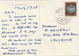 Cachet Illustré ST MORITZ V Jeux Olympiques Hiver 6/2/1948 Sur Carte Postale St Morizer See Pour Messerli Lausanne - Hiver 1948: St-Moritz