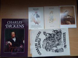 LIVRE SUR CHARLES DICKENS, ACCOMPAGNE DE 3 CARTES POSTALES ET D'UNE ENVELOPPE ANIMEE - Littéraire