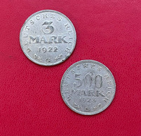 Beau Lot De 2 Monnaies Allemande De 3 Mark 1922 Et 500 Mark 1923. Deutsch Reich. TB/TTB - Sonstige & Ohne Zuordnung