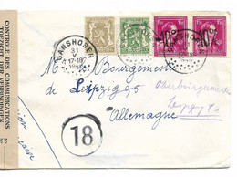 PM297/TP 420-425-724 N Surcharge Locale S/L.censurée Contrôle Des Com N° 18 Obl. Ganshoren 31/5/1946 > Leipzig Allemagne - 1946 -10%