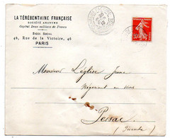 1912-Lettre GARE DE FACTURE (BIGANOS) Pour PESSAC-33-type Semeuse..beau Cachet--"Térébenthine Française" - 1877-1920: Période Semi Moderne