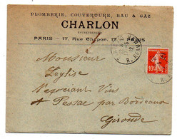 1912 -lettre PARIS 116 -pour PESSAC-33 (vins LEGLISE)--type Semeuse- Personnalisée CHARLON..courrier Inclus - 1877-1920: Période Semi Moderne