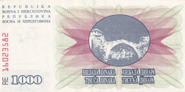 Bosnia And Herzegovina, Replacement Banknote Very Rare With Prefix RE 16023582, 1000 Dinara, 1992 - Bosnie-Herzegovine