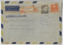 Sweden 1964 Registered Airmail Cover Sent From Göteborg To Blumenau Brazil 2 Stamp Cancel Taxe Perçue Postage Due - Lettres & Documents