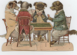 ANNEE 1885 - CHIEN, DOG, ATTITUDE HUMANISES - JOUEURS De CARTES - RARE CARTE CHROMO DECOUPIS SYSTEME (9 X 14 Cm) - Dieren