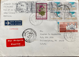 PORTUGAL, MADEIRA, AZORE 1986, COVER USED TO USA, FLOWER, PLANT, CHURCH, BUILDING, AIRMAIL EXPRESS LABEL, MULTI 6 STAMP, - Cartas & Documentos