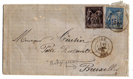 1879 - Lettre De LILLE- Nord  Pour Poste Restante BRUXELLES (Belgique) .Sage N°89 Et 90 ..  Cachet Rond   18 AVRIL 79 - 1877-1920: Semi Modern Period