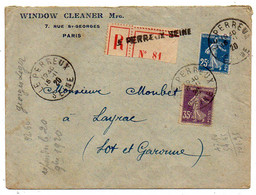 1920-lettre Recommandée LE PERREUX-94 Pour LAYRAC -47-type Semeuse .. Cachets. 15-11-20--WINDOW CLEANER Mfg - 1877-1920: Semi Modern Period