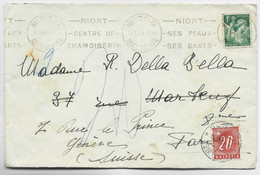 FRANCE IRIS 1FR VERT SEUL LETTRE COVER MEC NIORT GARE 17.XII.1939 POUR PARIS REEXP EN SUISSE TAXE 20C GENEVE - 1939-44 Iris