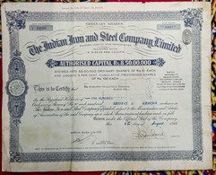 INDIA 1955 INDIAN IRON & STEEL LIMITED, IRON AND STEEL INDUSTRY....SHARE CERTIFICATE, MASSIVELY REPIRED, SEE DESCRIPTION - Industrie