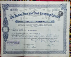 INDIA 1957 INDIAN IRON & STEEL LIMITED, IRON AND STEEL INDUSTRY....SHARE CERTIFICATE, MASSIVELY REPIRED, SEE DESCRIPTION - Industrie