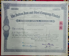 INDIA 1967 INDIAN IRON & STEEL LIMITED, IRON AND STEEL INDUSTRY....SHARE CERTIFICATE, MASSIVELY REPIRED, SEE DESCRIPTION - Industrie