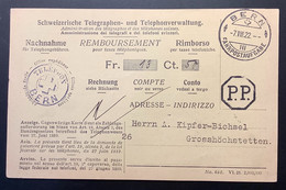 Schweiz TELEPHON BERN Seltener Stempel Auf NACHNAHME FÜR TELEPHONGEBÜHREN Formular 1922 (Brief P.P - Briefe U. Dokumente