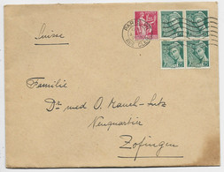 FRANCE MERCURE 25C BLOC DE 4+ 1FR25 PAIX ROSE LETTRE PARIS 1939 POUR SUISSE  AU TARIF - 1938-42 Mercurio
