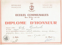 VILLE DE VILLEJUIF ANNEE SCOLAIRE 1950 1951 ECOLES COMMUNALES ELEVE GISELE QUATRESOLS DIPLOME D HONNEUR - Diploma & School Reports