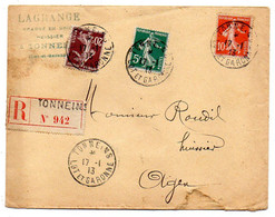 1913-Lettre Recommandée TONNEINS-47- Pour AGEN-47 -tp Type Semeuse .cachet  17-1-13-  LAGRANGE - 1877-1920: Semi Modern Period