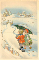 Fantaisie - Illustration Non Signée - Un Garçon Et Une Fille Se Promènent Dans La Neige - Carte Postale Ancienne - Unclassified