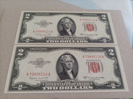 Pareja Correlativa De 2 Dólares De Estados Unidos, Año 1953, Serie AA, UNC - A Identificar