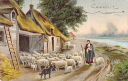 Métiers - Bergère - Illustration Non Signée - Moutons - Chien De Berger - Carte Postale Ancienne - Campesinos