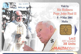 CARTE-PUCE-MALTE---LM2-38U-VISITE PAPE PAUL II- 8/9-05/2001 A MALTE-UTILISE-TBE - Malte