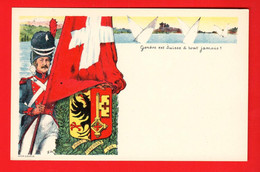 FKJ-39  RARE Litho Genève En Suisse à Tout Jamais. Grenadier, Drapeau Suisse, Armoiries Du Canton. Soc. Restauration NC - Genève