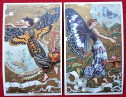 2 Chromos Dorés / Publicité. Femmes Papillons - Chicorée "A La Belle Jardinière". C. Bériot à Lille - Thé & Café
