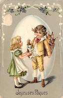 Pâques - Joyeuses Pâques - Illustration Non Signée - Enfants Avec Des Lapins Dans Une Hotte - Carte Postale Ancienne - Ostern