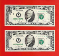 Rarität ! 2 X10 US-Dollar Fortlaufend [1988] > A 22544837 B / ...38 B < {$002-010N} - Federal Reserve (1928-...)