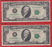 Top-Rarität ! STAR-Note: 2x 10 US-Dollar Fortlaufend [1988] > A05866959-...60* < 2. Lauf Mit 3.200.000 {$006-010} - Biljetten Van De  Federal Reserve (1928-...)