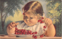 Illustration Non Signée - Enfant Joue à Compter Les Cerises - Fillette Blonde - Carte Postale Ancienne - Abbildungen