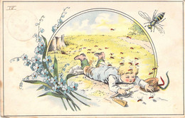 Illustration Non Signée - La Chasse Aux Insectes - Enfant Et Son Chapeau Chute - Carte Postale Ancienne - Portraits