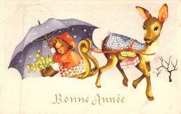 Fetes Et Voeux - Enfants Sur Une Luge Tirée Par Une Biche - Bonne Année - Illustration  - Carte Postale Ancienne - Nouvel An