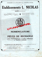 47- AGEN- RARE DEPLIANT NOMENCLATURE PIECES RECHANGE PULVERISATEUR ACIDE SULFURIQUE ETS. L. NICOLAS- 142 BD REPUBLIQUE- - Landbouw