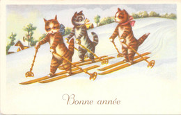 Fantaisies - Chatons Habillés Qui Font Du Ski - Bonne Année - Colorisé - Carte Postale Ancienne - Gekleidete Tiere