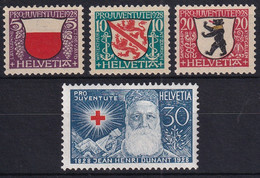 MiNr. 229 - 232 Schweiz1928, 1. Dez. „Pro Juventute“: Wappen (X); 100. Geburtstag Von Henri Dunant - Postfrisch/**/MNH - Neufs