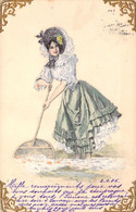 Fantaisies - Jeune Femme Au Chapeau Qui Ramasse Le Sel - Dorure - Oblitéré Anvers - Carte Postale Ancienne - Femmes