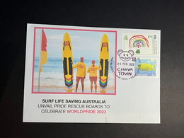 (4 Oø 39) Sydney World Pride 2023 - Surf Life Saving Rescue Board (OZ Stamp + Guernsey COVID-19 Stamp) 25-2-2023 - Cartas & Documentos