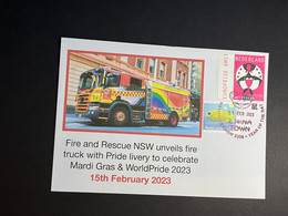 (4 Oø 39) Sydney World Pride 2023 - NSW Fire Truck Pride Colors (OZ Stamp + Netherlands Pride Stamp) 15-2-2023 - Brieven En Documenten
