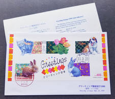 Japan Greeting 1999 Pet Rabbit Dog Cat Rose Flower Flora Cats (FDC) *odd Shape *unusual - Storia Postale